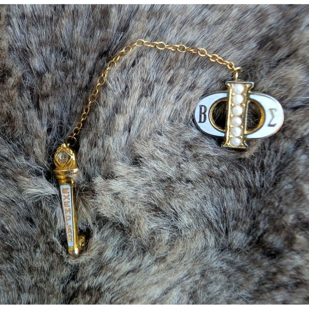 Beta Sigma Phi Sorority Pin White Enamel Faux Pearl with Rhinestone Torch Chain